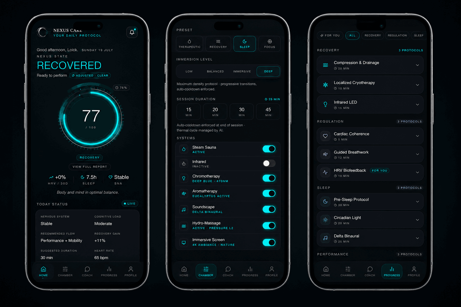 Three screens of the Nexus CARE app showing the home dashboard, chamber protocol builder, and progress library